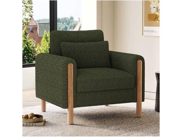 Fauteuil De Relaxation 1 Place Avec Accoudoirs En Tissu Teddy Vert Coussin D Assise Amovible Structure En Bois Massif Moderne