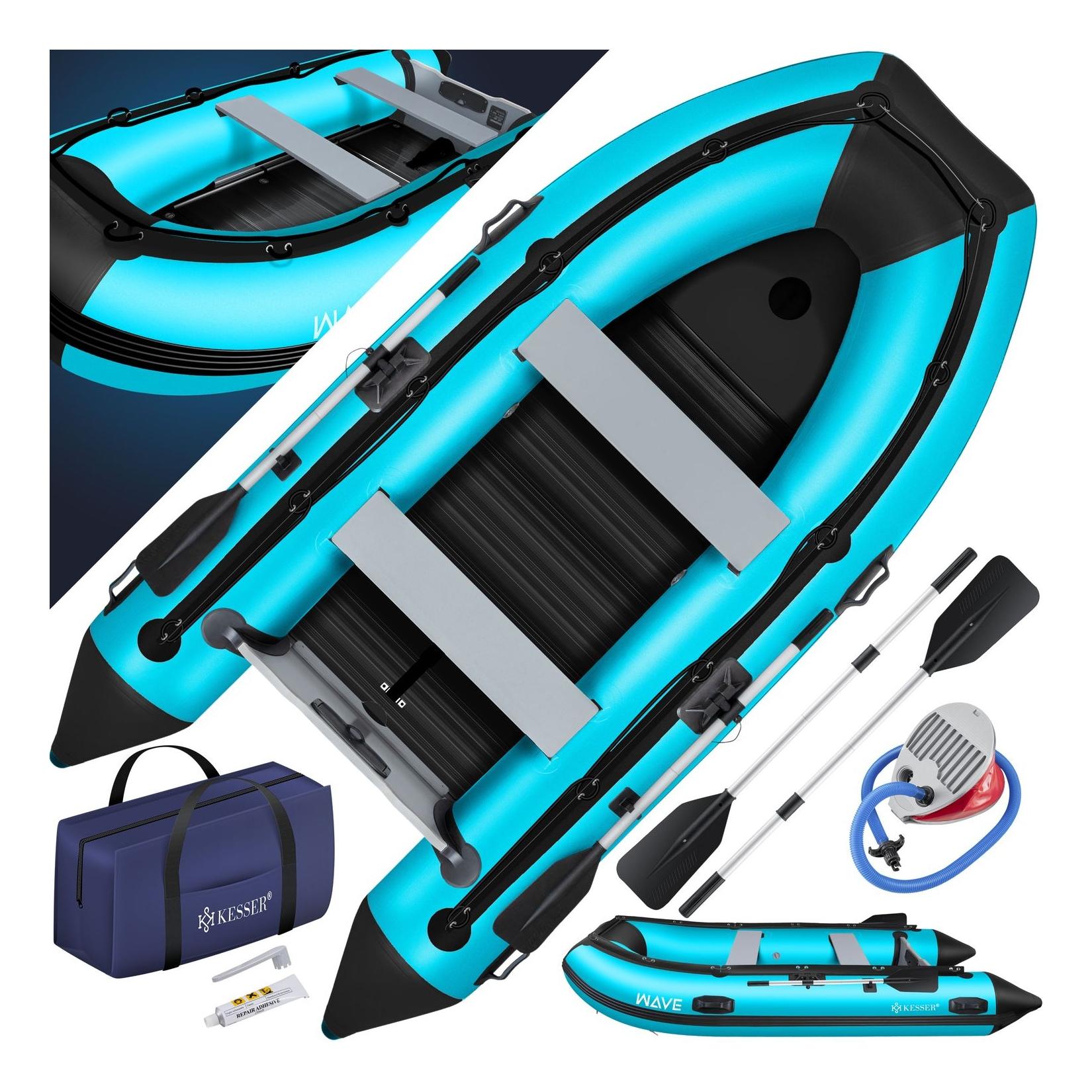 KESSER® Schlauchboot für 2 - 4 Personen - WAVE Motor geeignet Freizeitboot Paddelboot Motorboot Angelboot - mit 1 - 2 Sitzbänken - Alu-Boden Paddel Pumpe Reparaturset & Tasche aufblasbar PVC