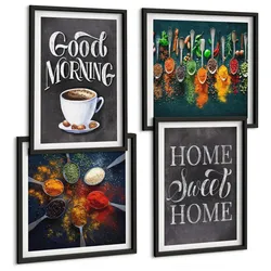 BILDER SET 4er Set - 50x50 cm & 40x60 cm Schwarzer Rahmen - Gewürze, Kaffee, Tasse, Kräuter