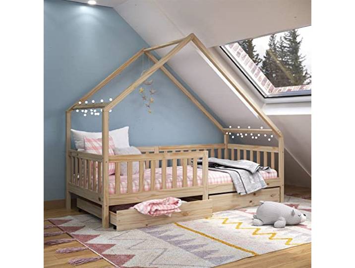 IDIMEX Hausbett ALVA aus Kiefer Massivholz, Natur - Kinderbett mit Dach, Tipibett mit Schubladen, Kinderzimmer Bett, Bodennahes Bett Montessori, ideal für Dachschrägen