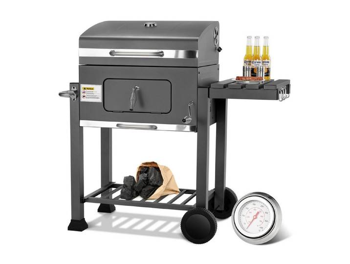 TLGREEN Holzkohlegrill Grillwagen XXL, mit Rädern & Thermometer, Hochwertiger Grillwagen für Garten Camping Picknick, Smoker Grill mit Deckel, Höhenverstellbarer Grillrost, Klappbarem Lagerregal und Flaschenöffner, Rostbeständig BBQ Grill