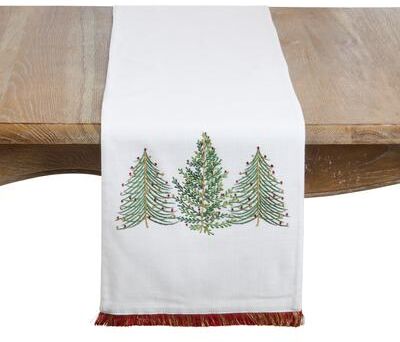 Saro Lifestyle Embroidered Christmas Tree Table Runner - Festive Holiday Runner for Dining & Winter Entertaining