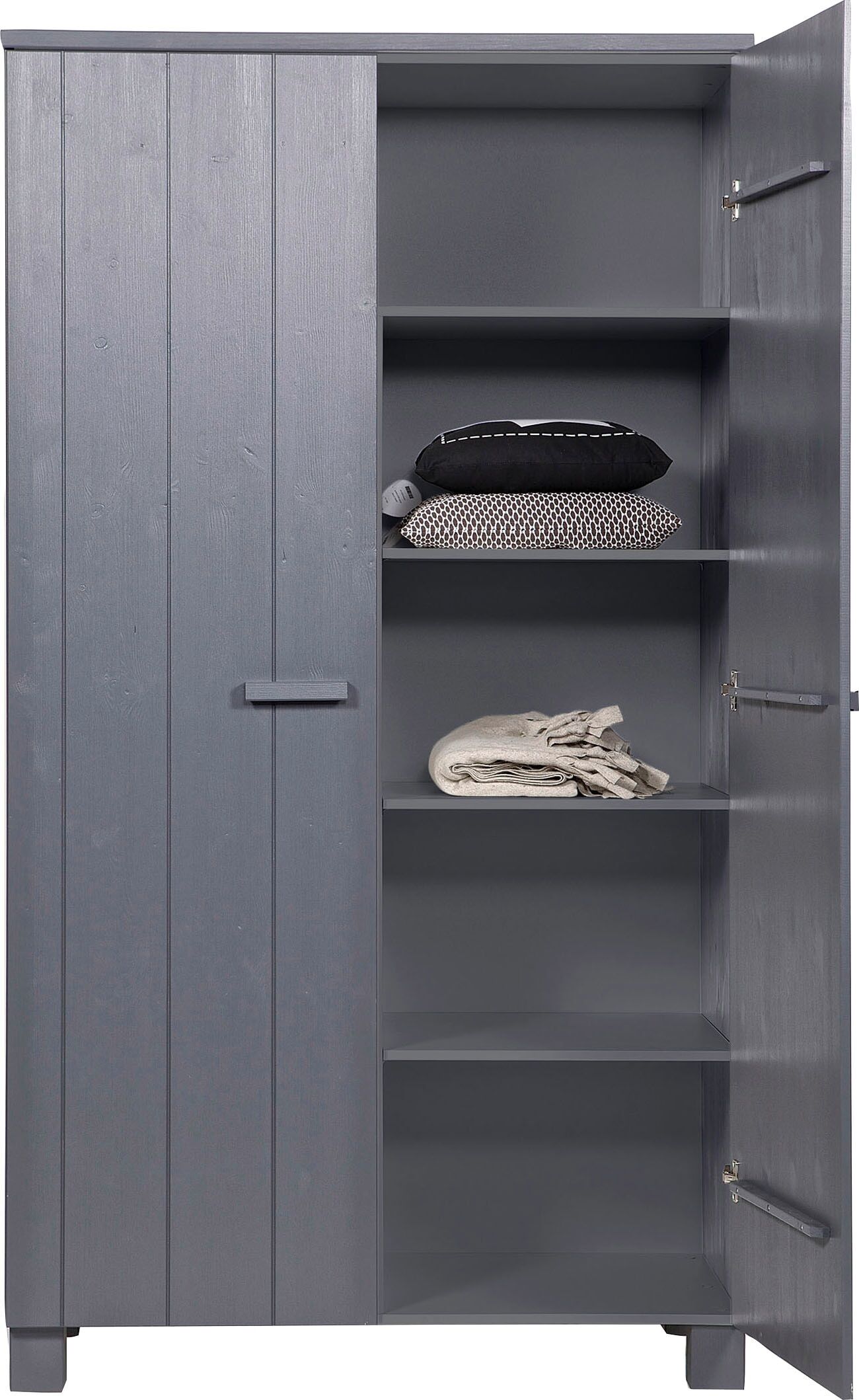 Garderobenschrank WOOOD "Dennis Mehrzweckschrank mit gebürsteter Oberfläche", grau (stahlgrau), B:111cm H:202cm T:55cm, FSC-zertifizierter Holzwerkstoff, Schränke, Garderobenschrank, FSC Kiefer massiv, gebürstet, Höhe 202 cm stahlgrau B/H/T: 111cm x 202cm