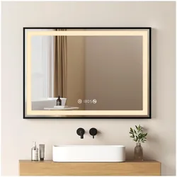 Emke, Spiegel, Badspiegel mit Beleuchtung 70*50cm,Beschlagfrei, Temperatur und Uhr Kaltweiss(6500K), Dimmbar (50 x 70 cm)