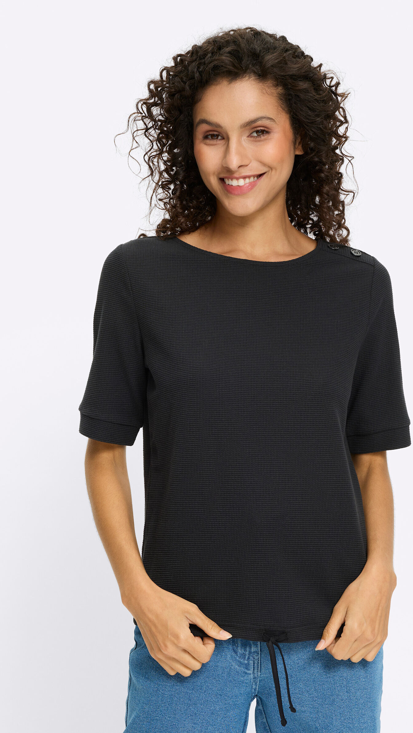 T-Shirt HEINE "Shirt Kurzarmshirt aus Strukturware", Damen, Gr. 42, schwarz, Sportlich, Rundhals, Shirts T-Shirt