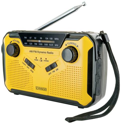 Schwaiger Outdoorradio UKW, AM, FM Handkurbel, Solarpanel, spritzwassergeschützt, stoßfest, Taschenlampe Gelb, Schwarz
