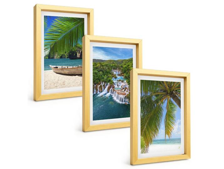 BILDER SET 3er Set - 20x30 cm Goldrahmen - Strand, Boot, Wasserfälle, Palmen