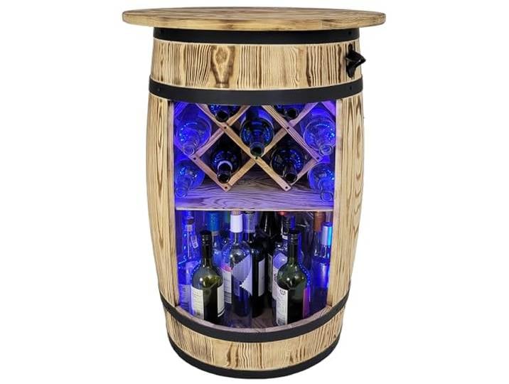 weeco Fass Bar mit Deckel und LED RGB Leuchten und Weinhalter - Flaschenständer deko - Hausbar Tabelle Gin Whisky Bier - Barschrank - Holzfass Tisch - Weinfass Stehtisch 80x50cm