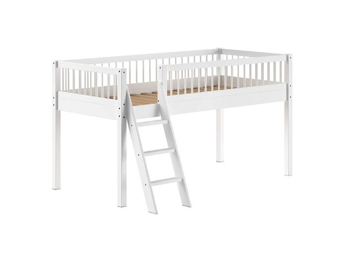 58 aufm Kessel Kinderbett Hochbett 90x200 Keeley Buche Kinderbett Weiß Massivholz Leiter Stabil (inkl. Versand, Lieferung bis Verwendungsstelle), Schräge Leiter flexibel rechts oder links montierbar