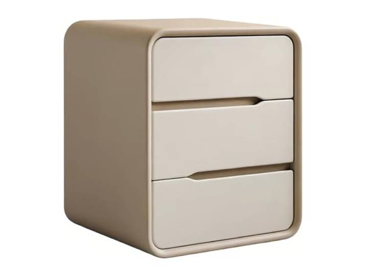 Vielseitiger Nachttisch, 3 Schubladen, asymmetrische Griffe, saubere Linien Zur Aufbewahrung im Schlafzimmer. Beige, Groß