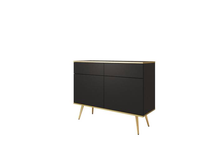 Ravio Kommode Forno (Schwarz, Goldene Details, 2 Türen, 2 Schubladen, goldene Metallfüße), Schwarz, Goldfarben, Eiche, Rechteckig, 107x85x39 cm, Kleinmöbel, Kommoden, Sideboards