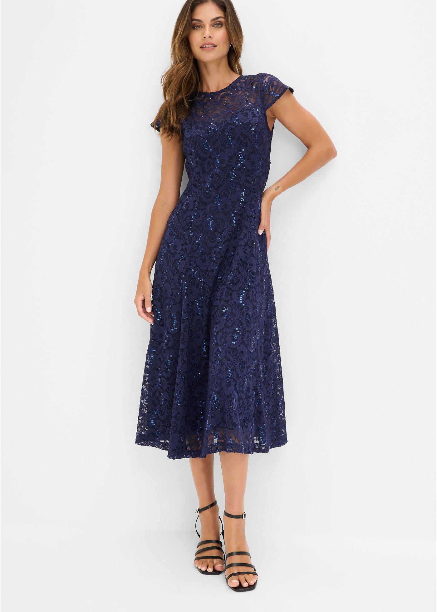 bonprix Spitzenkleid, blau, Gr.54, Bezauberndes Spitzenkleid in Midi-Länge mit bestickten Pailletten