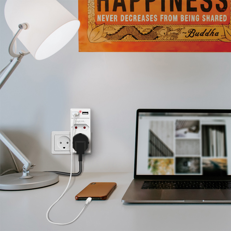 LogiLink PA0276 adapter met 2 USB-poorten en Europese stekkerdoos