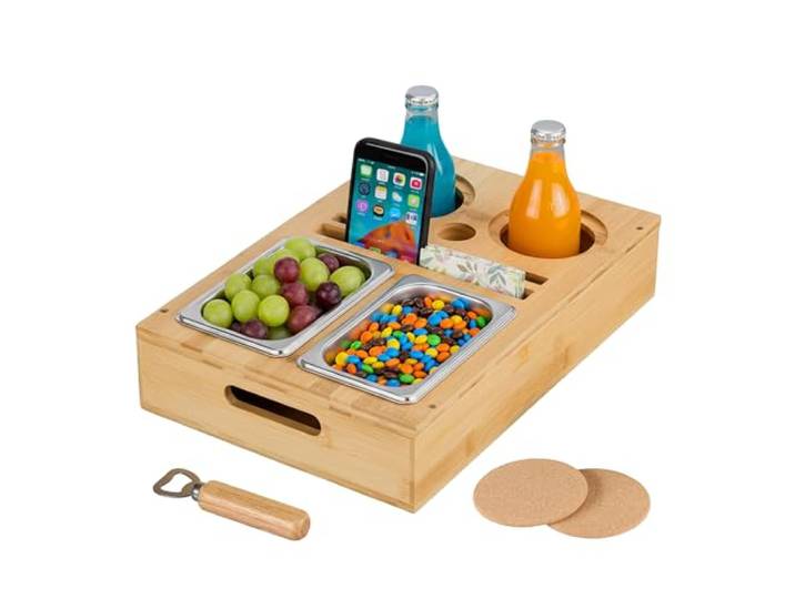 Relaxdays Plateau canapé\, pour Une soirée conviviale sur Le canapé\, contenants en Acier INOX\, Support en Bambou\, Nature