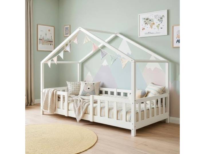 [en.casa] Kinderbett Treviolo 90x200 cm Weiß Hausbett, Montessori, Holzbett für Kinder, Bettgestell mit Lattenrost, Kiefernholz