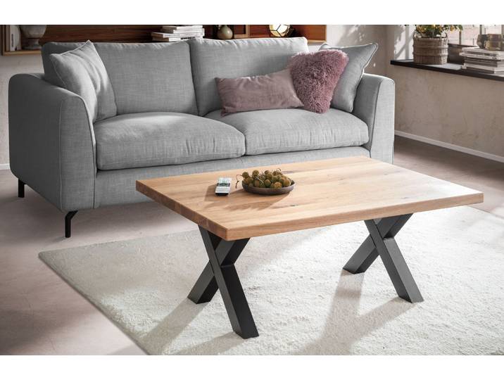 Massiver Couchtisch Molto mit Metallgestell in x-Form in Wildeiche – 3%-Vorkasse-Rabatt