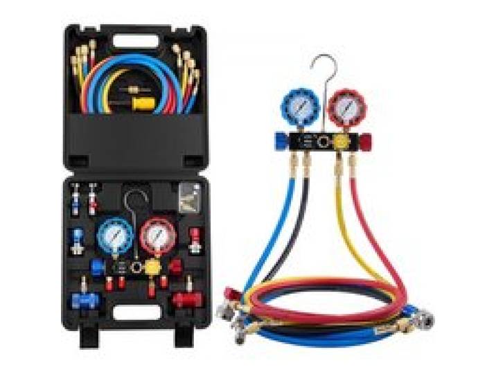 VEVOR AC Klimaanlagen-Manometer-Set für R134a/R404A/R1234yf/R22 Kältemittel, 4-Wege-Manometer mit 1,5-m-Schläuchen & Adaptern & Schnellkupplungen & Dosenanschlüssen Geeignet für Kfz-Klimaanlagen