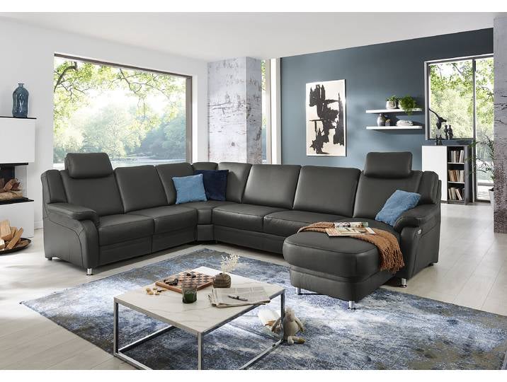 Wohnlandschaft Samento Schwarz Echtleder Tomma 336 x 91 x 239cm Ottomane davorstehend rechts Kopfstütze