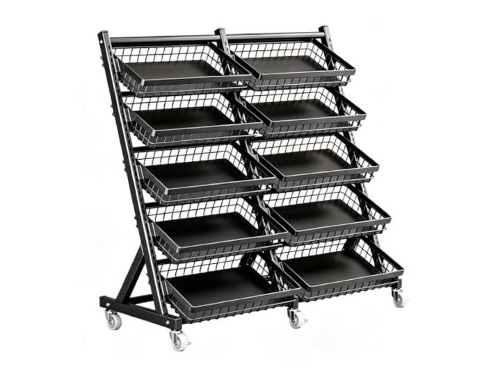 3/4/5Tier Supermarkt Snack Regal Anzeige Stand,Einzelhandels-Display Regale Freistehendes schwarzes schräges großes Metall-Snackregal auf Rollen,für Arbeitsplatten,Küche Laden(10 baskets)