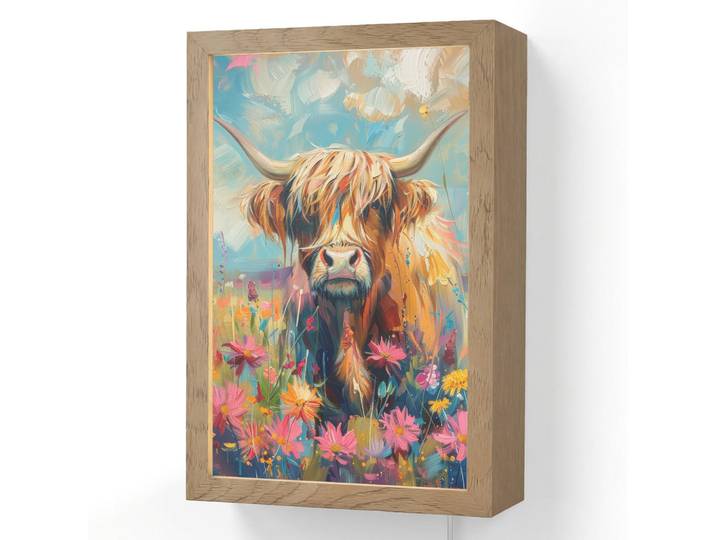 OnlyWow Wandleuchte - Schottische Hochländer - Natur - Farbenfroh - Blumen - 20x30 cm, Mehrfarbig, Holzwerkstoff, Rechteckig, LED integriert, 20x30x8 cm, Lampen & Leuchten, Innenbeleuchtung, Wandlampe