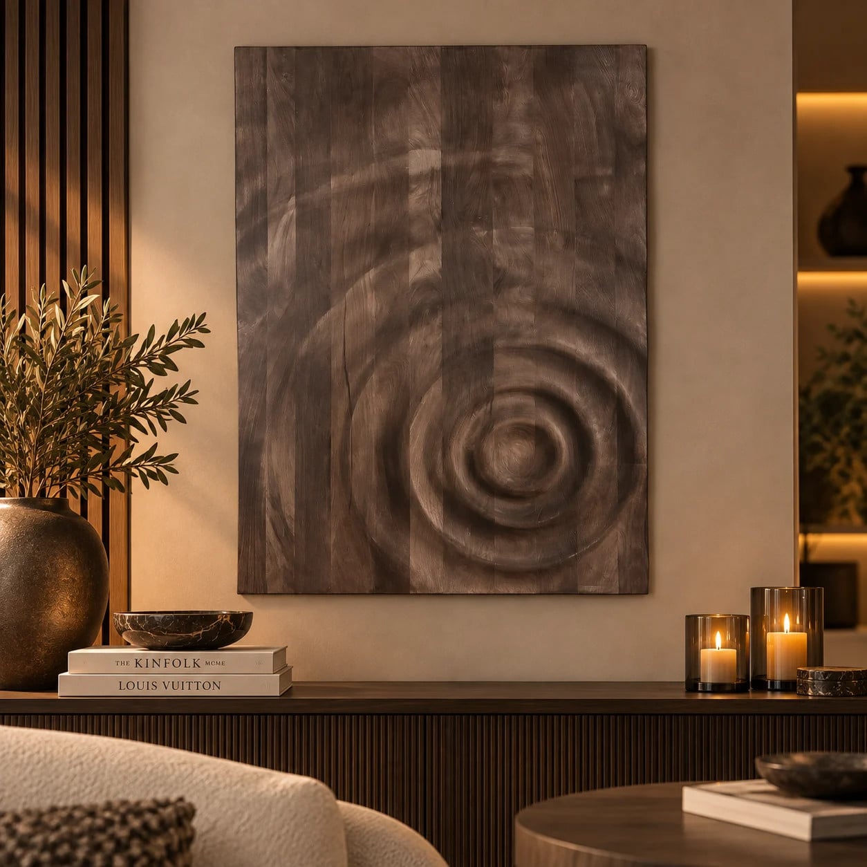 PTMD Wandornament Mattin Bruin Mangohout Rechthoekig met Abstracte Cirkels