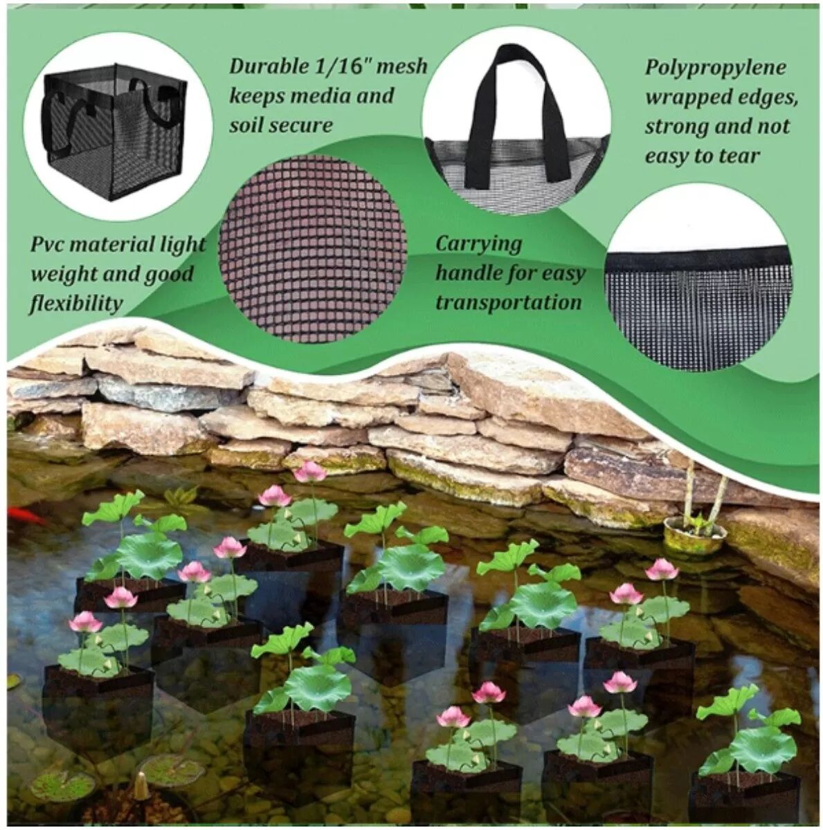 INF Teichpflanzenbeutel 4er-Set mit Griffen – Schwarze Polyester-Netz Pflanzsäcke für Wasserlilien und Lotus