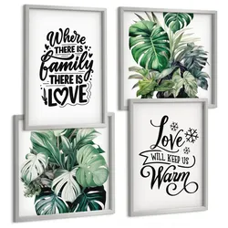 BILDER SET 4er Set - 50x50 cm & 40x60 cm Silberner Rahmen - Familie liebt Zuhause Aquarell