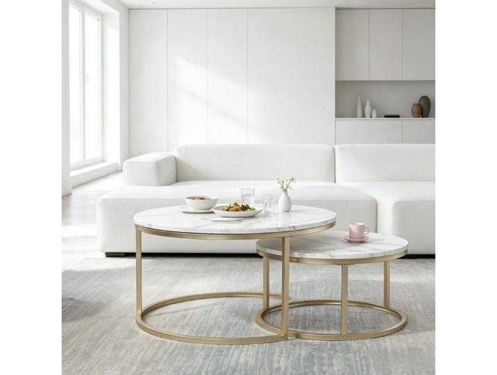 Ensemble de 2 Tables Basses Nesting Rondes 80cm 60cm - Design Marbre Blanc MDF Métal