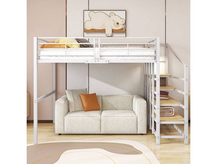 Lit Mezzanine 140x200 cm - Métal - Rangement Spacieux - Accès par Escalier - 2 Places