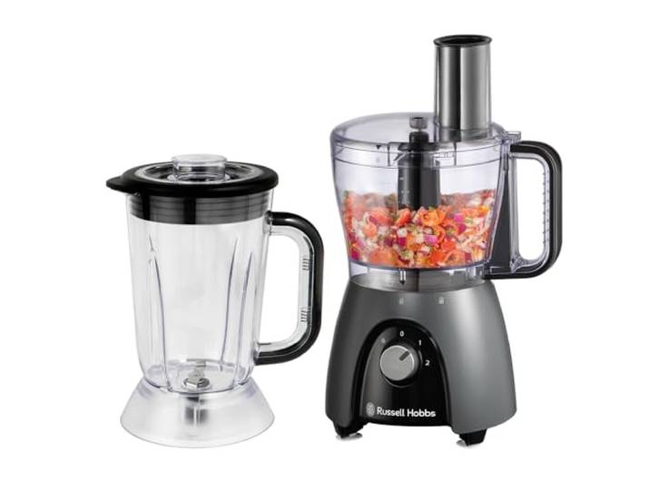 Russell Hobbs Küchenmaschine, 900 Watt, Anthrazit, mit Mixeraufsatz Knet-, Rühr- und Schneidfunktionen, Spülmaschinenfeste Teile, S-Messer und Teigwerkzeug, 2,3 l Behälter und 1,5 l Standmixer