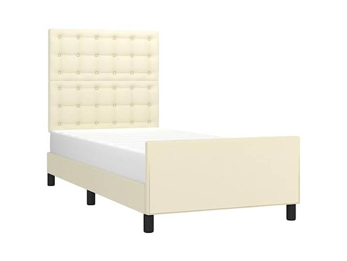 KTHLBRH Bettrahmen mit Kopfteil creme 90 x 190 cm waschbares Kunstleder, höhenverstellbar, Sperrholzlatten - robuste Beine