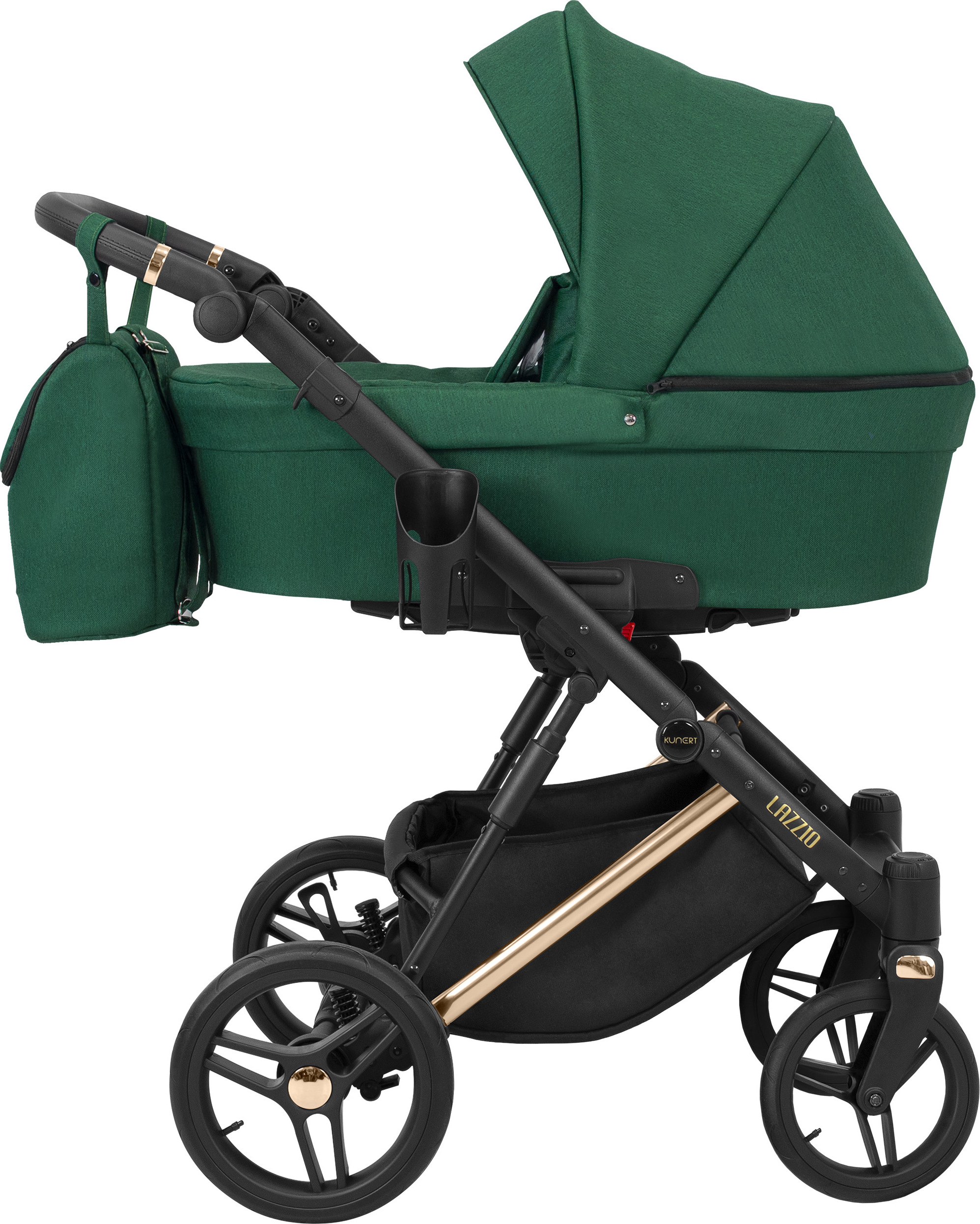 Kinderwagen LAZZIO PREMIUM Babywagen Babyschale Kinder Wagen Set 1 in 1 (grün, Rahmenfarbe: Kupfer)