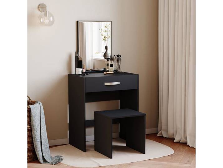 Coiffeuse Isla noire avec 1 tiroir miroir et tabouret – Ensemble meuble maquillage et coiffeuse