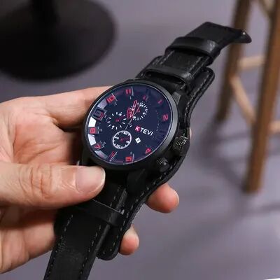 Perfect Picks Market Retro Men Big Dial Leather Band Quartz Watch Business, Military, And Sports Wristwatch black