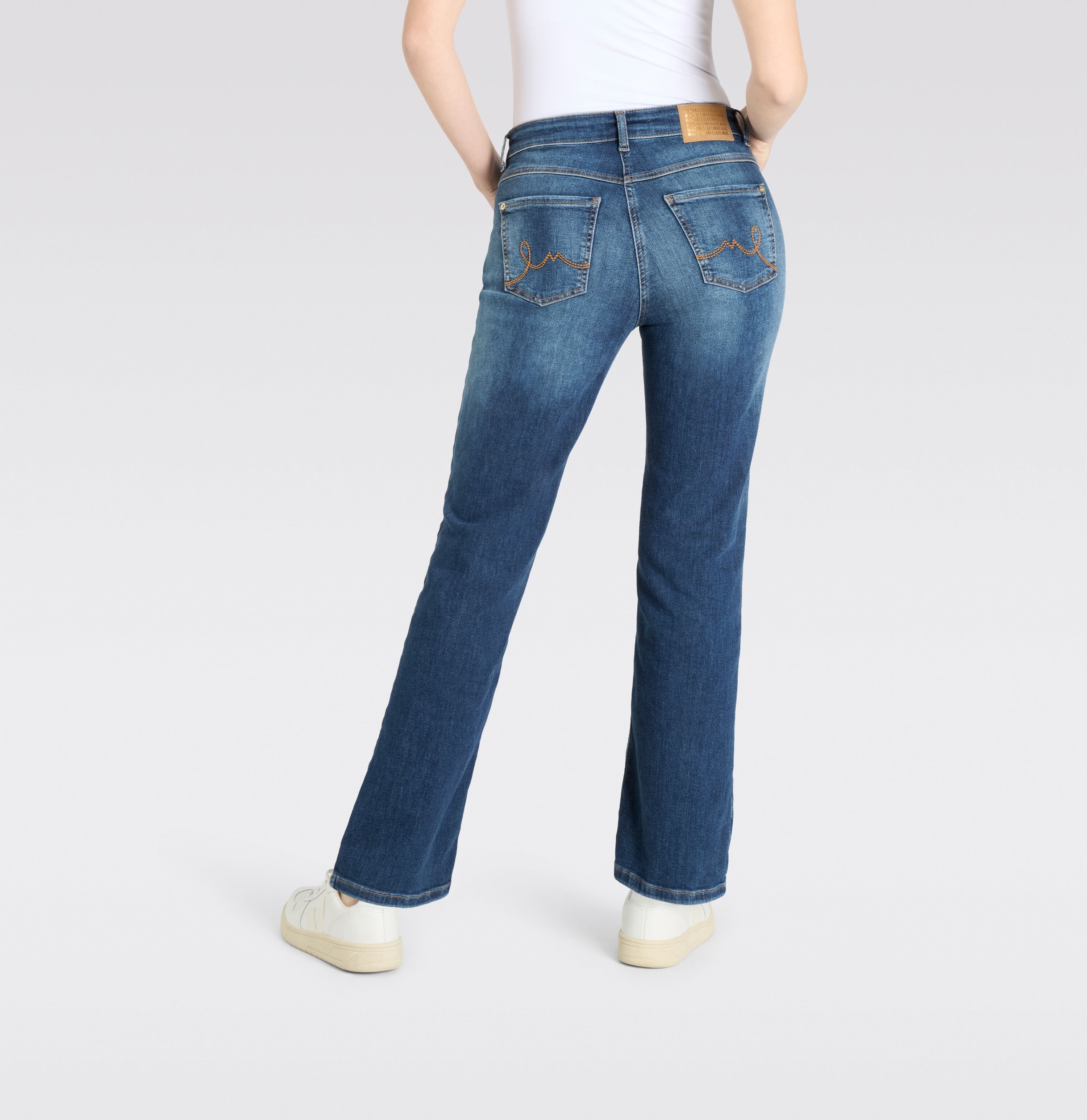 Bootcut-Jeans MAC "LAURA", Damen, Gr. 36, Länge 34, indigo destroyed, Denim/Jeans, Obermaterial: 89% Baumwolle, 8% Polyester, 3% Elasthan, Destroyed-Effekte, unifarben, regular fit knöchellang, Jeans Bootcut-Jeans, im Five-Pocket Style indigo destroyed 36