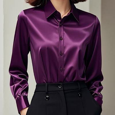 Smart Shopping Spot Elegant Women's Satin Blouse Long Sleeve Button Up Shirt For Office purple l