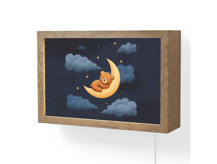 OnlyWow Wandleuchte - Teddybär - Mond - Wolken - Sterne - 30x20 cm, Dunkelblau, Holzwerkstoff, Rechteckig, LED integriert, 30x20x8 cm, Lampen & Leuchten, Innenbeleuchtung, Wandlampe