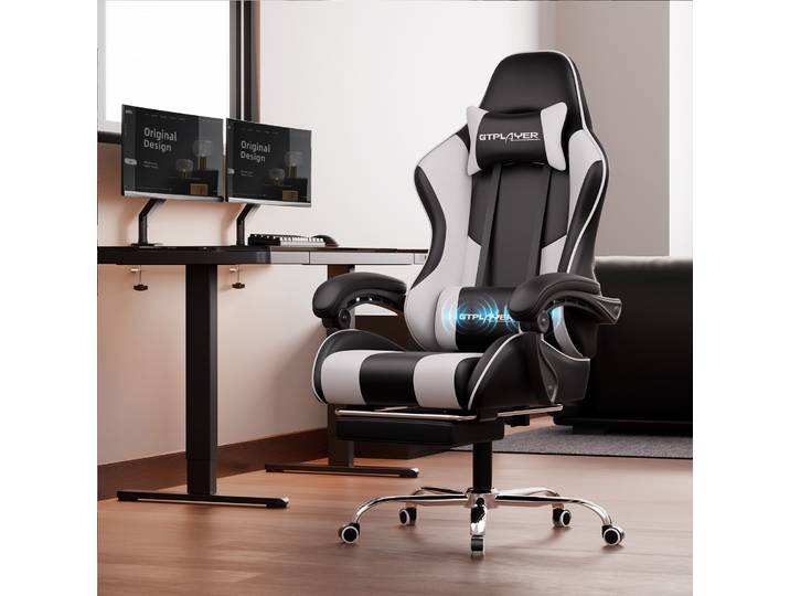 GTPLAYER Chaise Gaming avec Massage, Chaise Ergonomique avec Repose-Pieds, Dossier Réglable et Coussin Lombaire pour Bureau