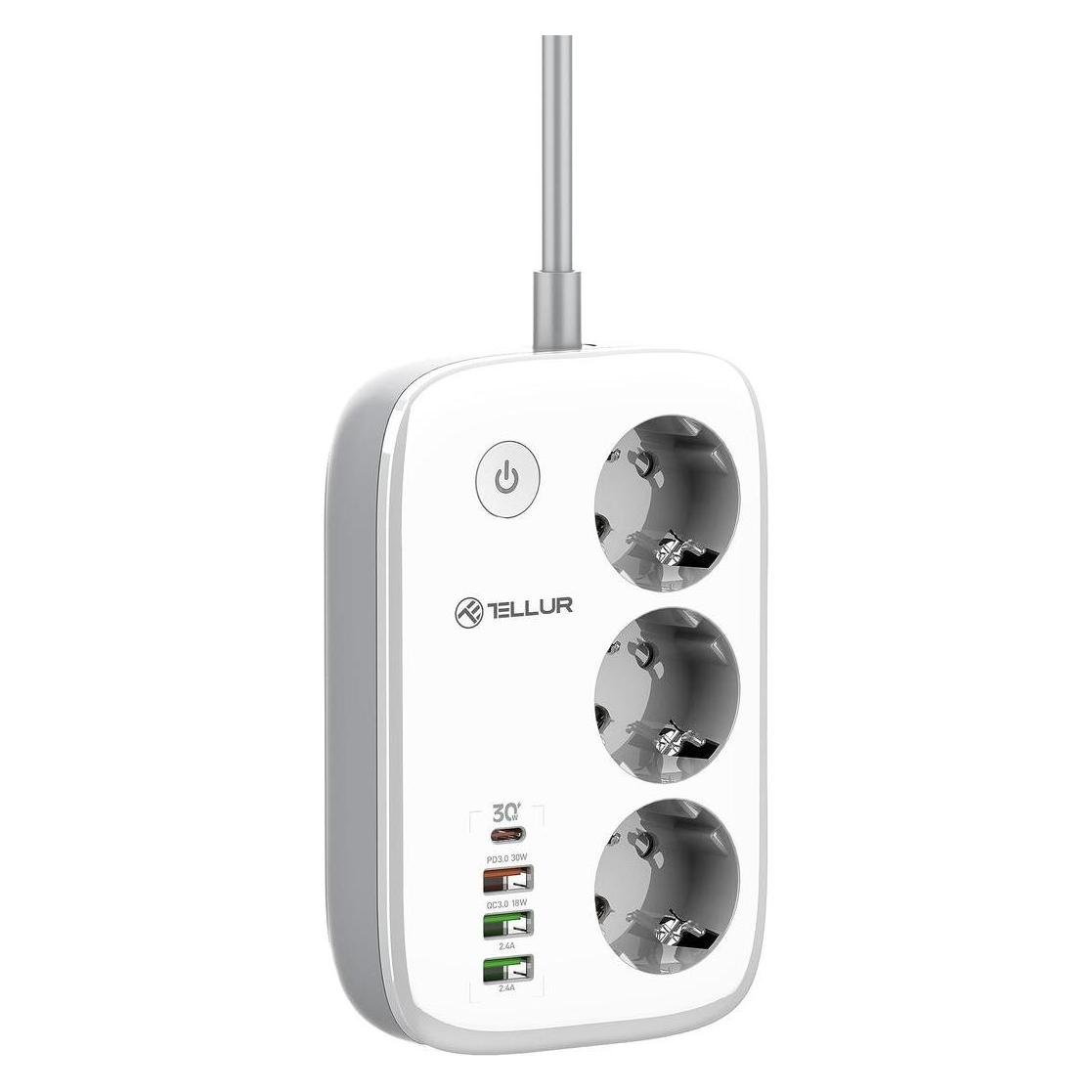 Tellur Smart WiFi Power Strip 3 Outlets, PD30W, QC18W, 2xUSB 2.4A 2500W 10A 2m (CEE 7/3, 2 m) (5949120004794)