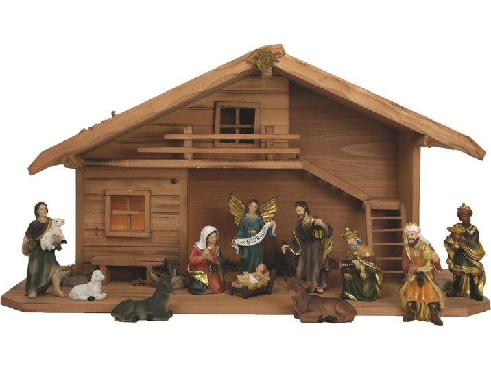Krippenfigur BOTANIC-HAUS Stall mit Figur , beige (natur), B:21cm T:52cm, Polyresin, Dekofiguren, Krippenfigur, Herkunftsland Holz: China