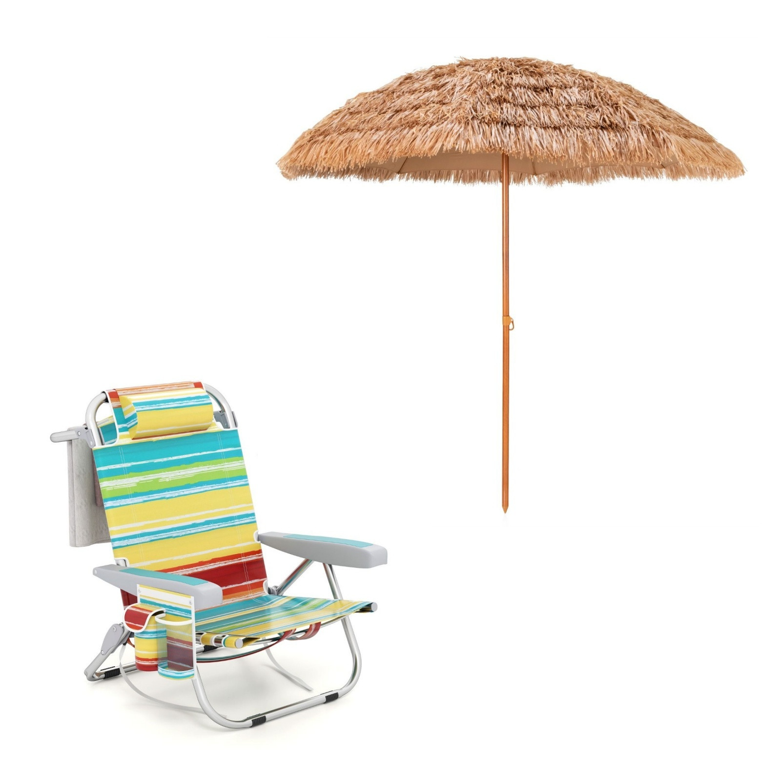 Costway Strandstoel met 5-standen Verstelbare Rugleuning en Hawaiiaanse Stroparaplu Multicolor