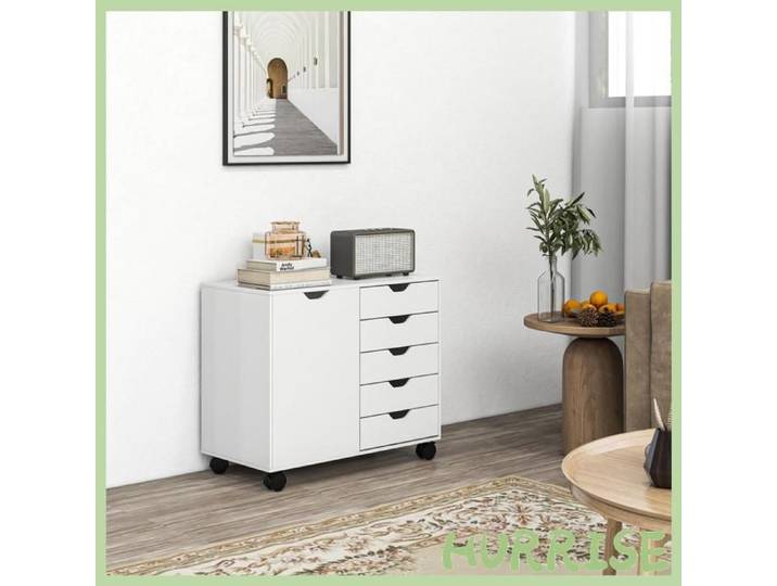 Cocosity Meuble De Rangement Pour Bureau 5 Tiroirs 1 Porte Étagère Réglable Support Imprimante Roulettes 78X40X66 5 Cm Blanc