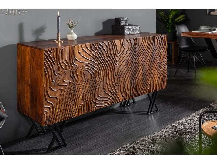 Handgearbeitetes Sideboard FLUID 160cm Mangoholz mit aufwendigen 3D Schnitzereien Industrie & Loft Natur Retro