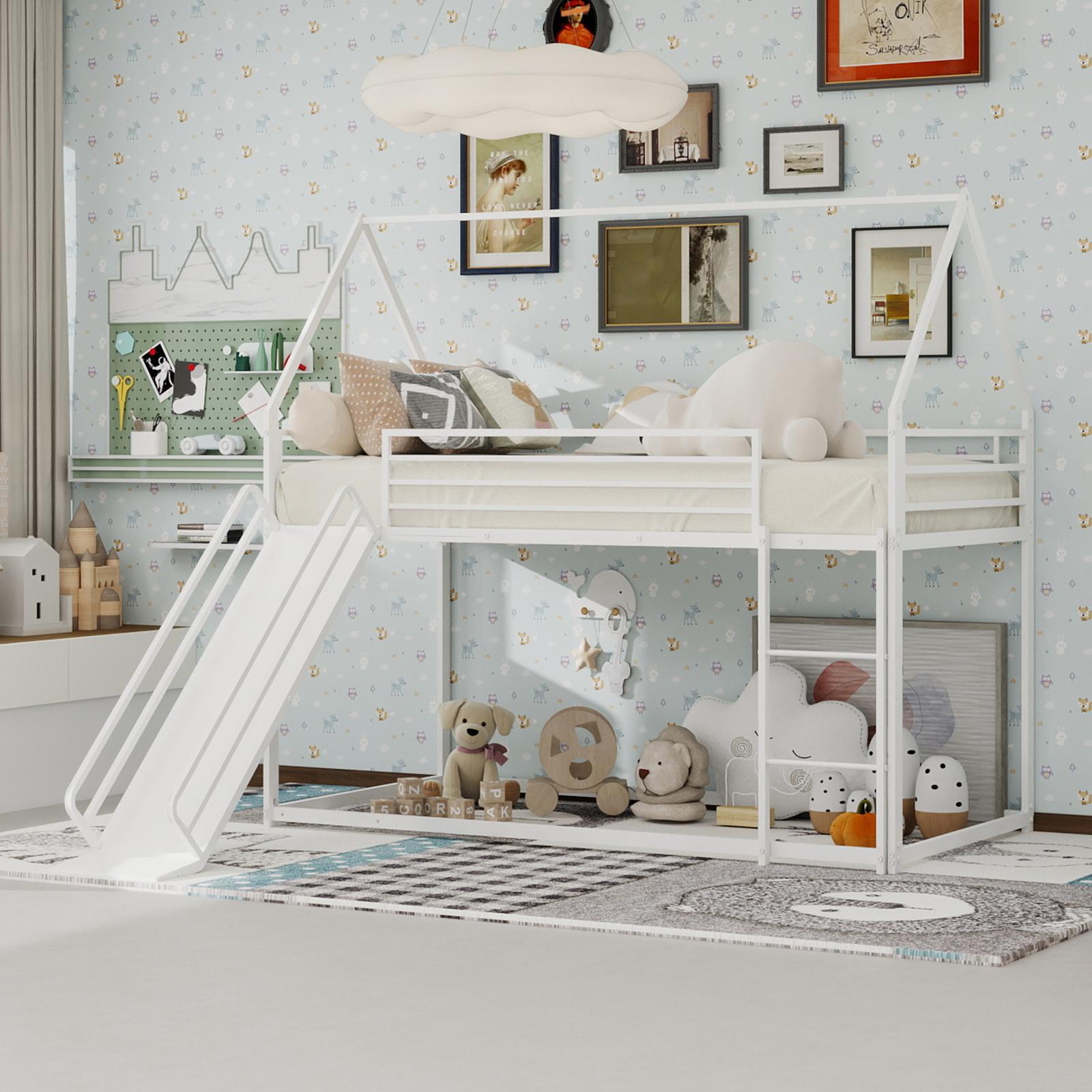 Twin über Twin Etagenbett mit Rutsche für Kinder Schlafzimmer, Haus geformt Bettgestell w / Leiter, kein Boxspring benötigt & einfach zu montieren