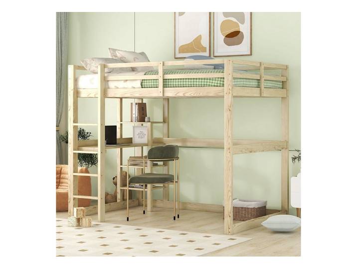Flieks Hochbett Doppelbett Kinderbett mit Schreibtisch 140x200cm Kiefer ohne Stuhl