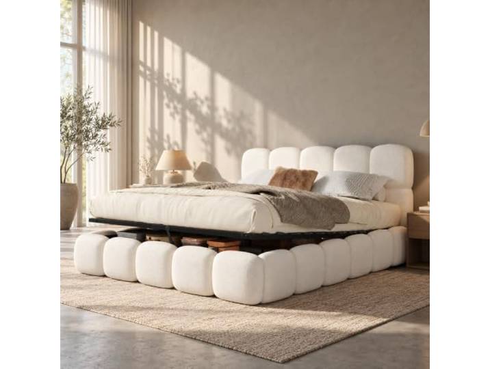 ModernLuxe Polsterbett 200x200 cm Hydraulisches Bett,Polsterbett,Bouclé Hydraulisches Doppelbett mit Lattenrost, großem Bettkasten und gepolstertem Kopfteil; Matratze nicht enthalten.
