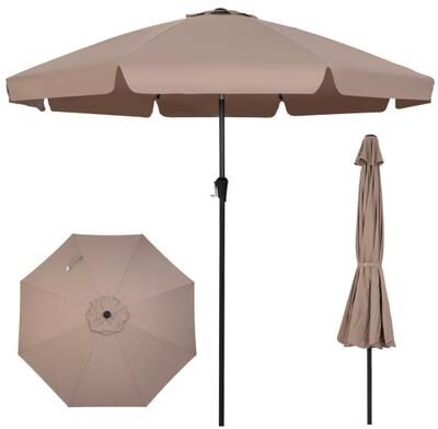 Costway 10 FT Scalloped Patio Umbrella with Push Button Tilt and 8 Fiberglass Ribs-Brown