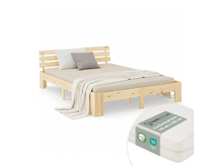 Double Bed with Mattress and Slatted Frame 140x200 Bed Nature Solid Pine Wooden Bed Futon Bed