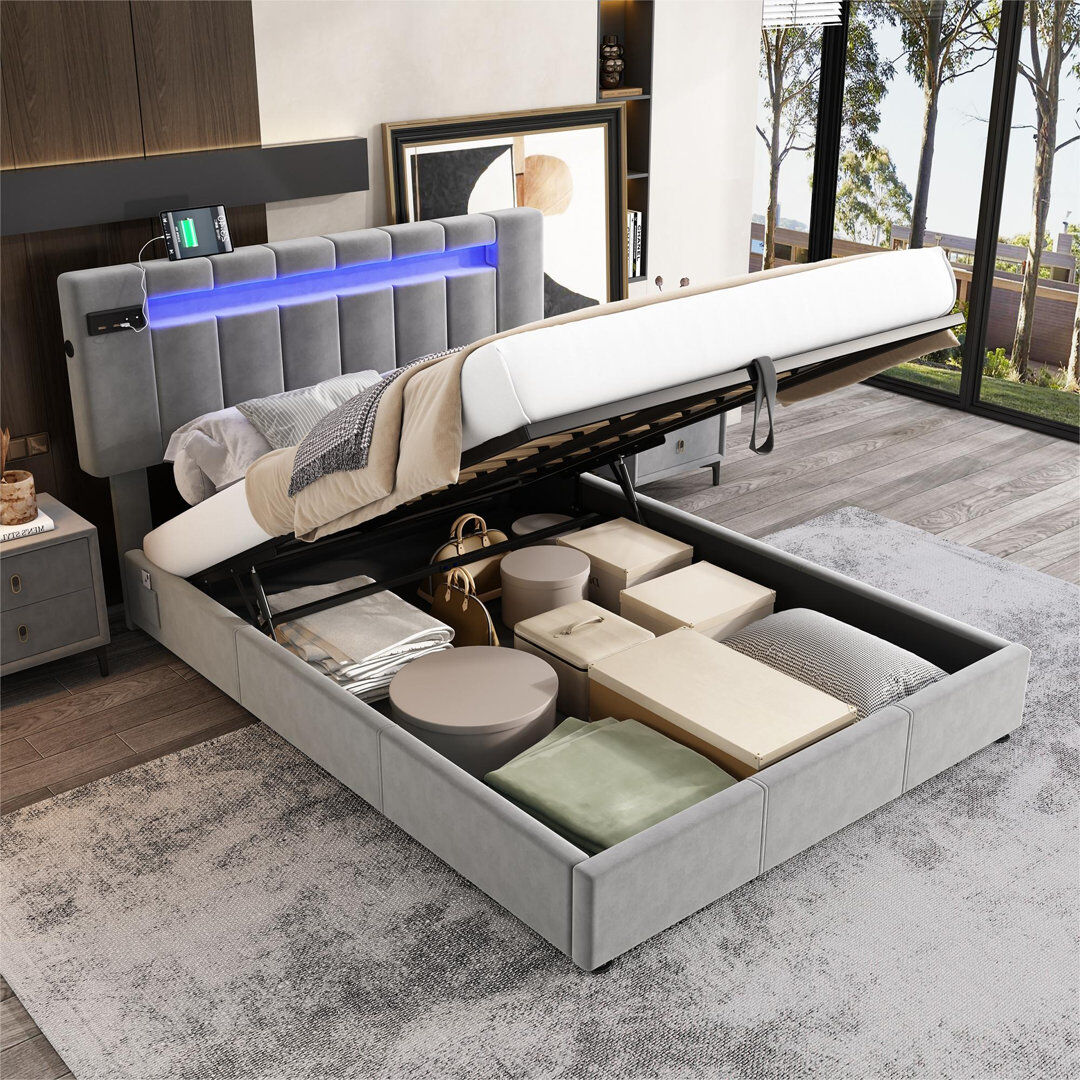 Metro Chasitee Upholstered Velvet Lift Up Storage Bed Grey;Gray 120cm H X 150cm W X 198cm L