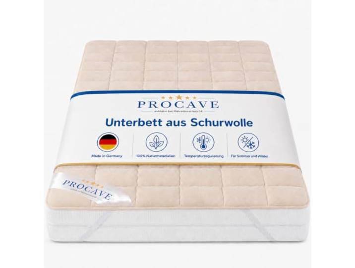 PROCAVE weiches Unterbett aus Schurwolle, atmungsaktiver Matratzen-Schoner, Matratzenbezug mit 4 Eckgummis,Matratzen-Auflage 120x190 cm
